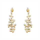 Elegant 14K yellow gold earrings featuring a cascading constellation-inspired spray of diamonds totaling 1.02ct, with articulated tiers flowing to 1.5 inches in length and 0.5 inches at the widest point.