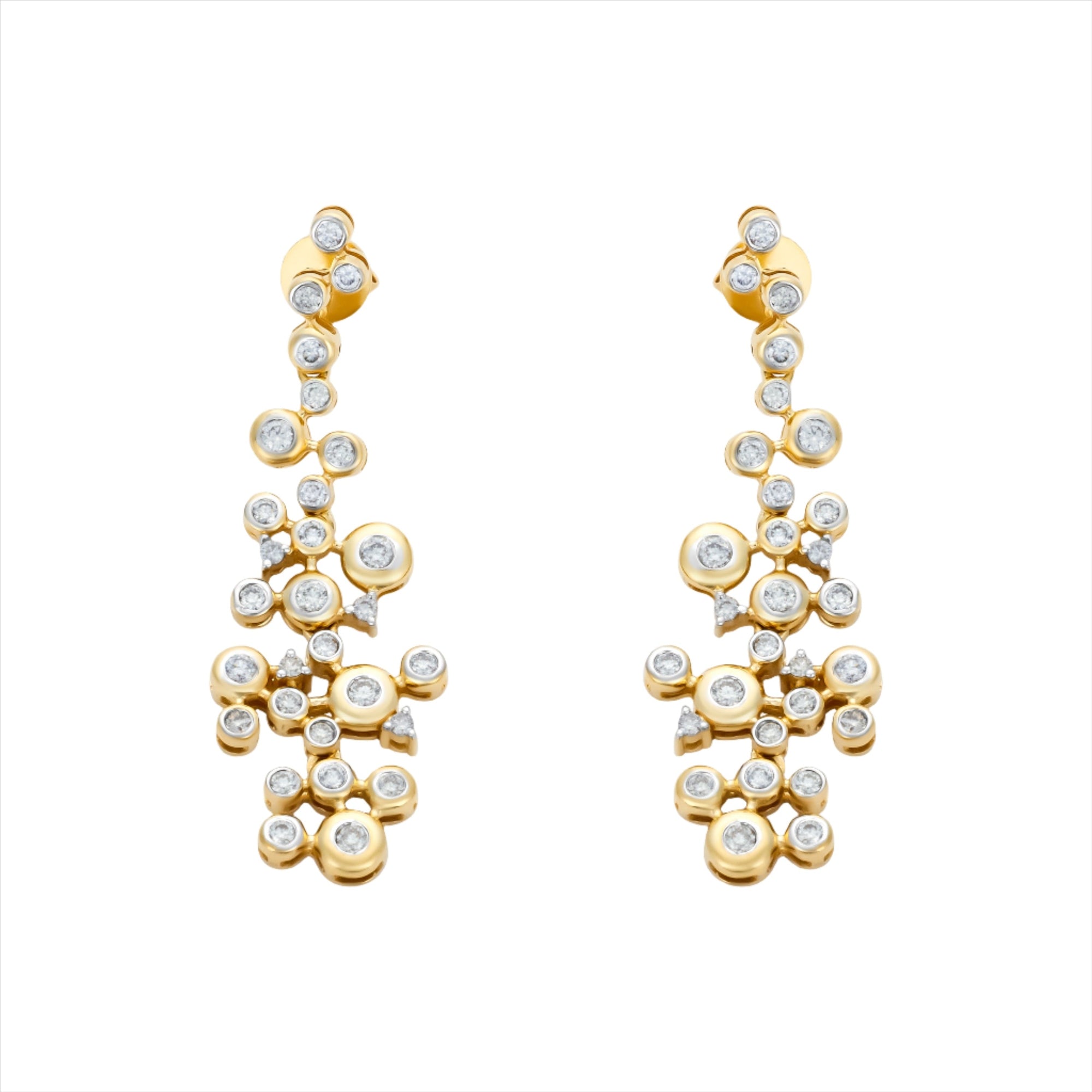 Elegant 14K yellow gold earrings featuring a cascading constellation-inspired spray of diamonds totaling 1.02ct, with articulated tiers flowing to 1.5 inches in length and 0.5 inches at the widest point.
