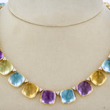 This stunning sugarloaf-cut gemstone necklace, featuring vibrant citrine, amethyst, and topaz, is expertly handcrafted in a luxurious design, blending playful charm with sophisticated elegance. Close Up