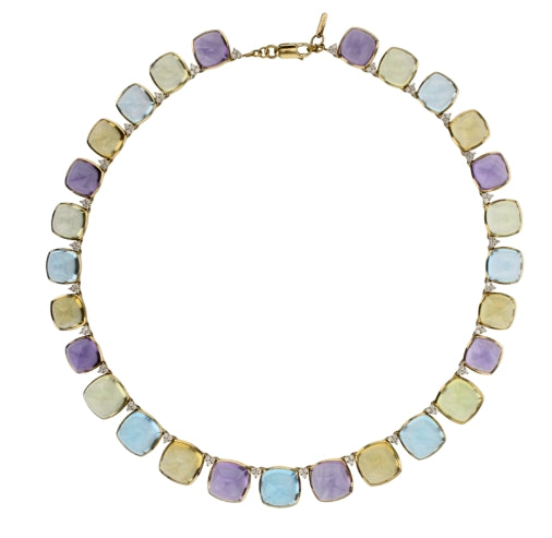 This stunning sugarloaf-cut gemstone necklace, featuring vibrant citrine, amethyst, and topaz, is expertly handcrafted in a luxurious design, blending playful charm with sophisticated elegance. Front Facing 