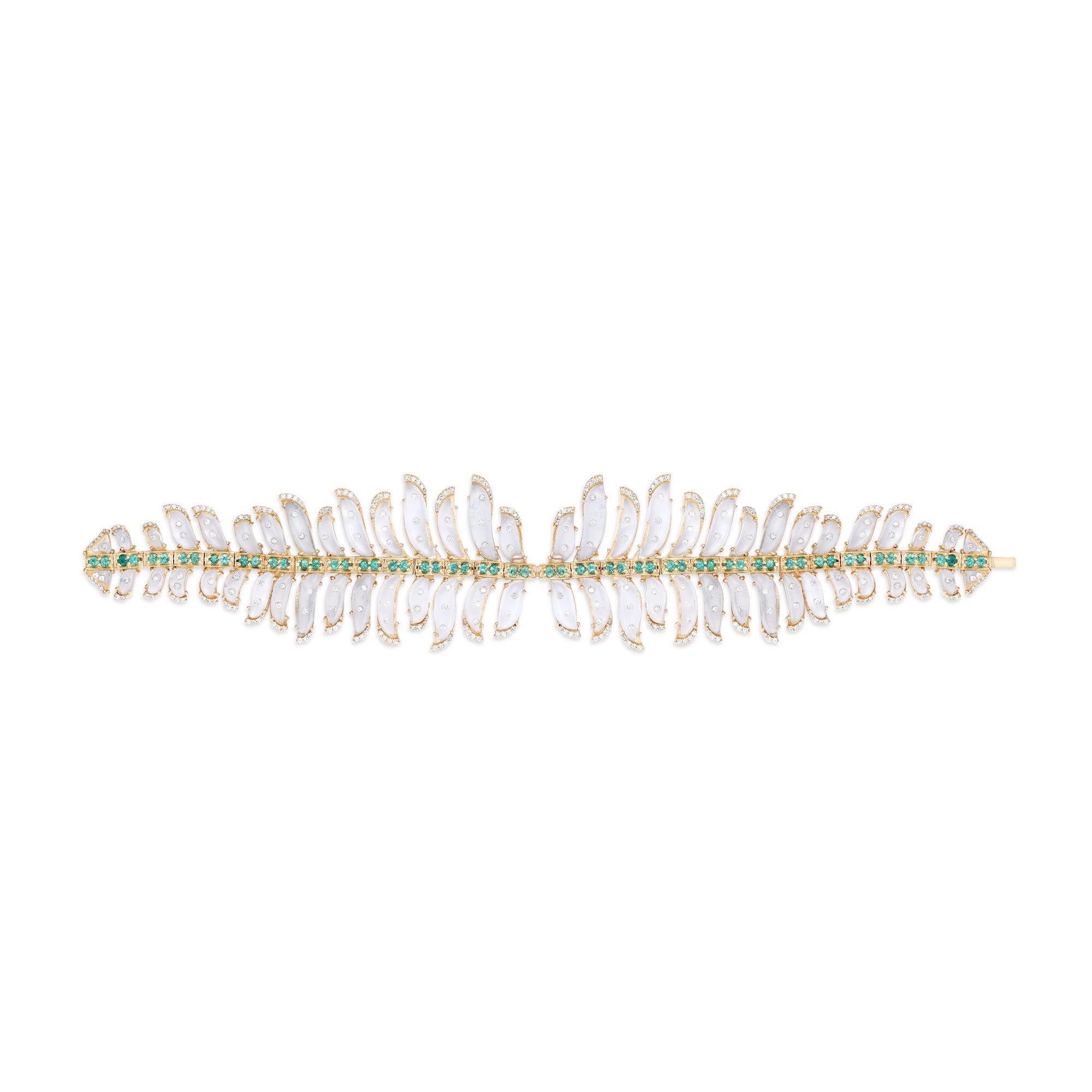 One-of-a-kind 14K yellow gold feather earrings featuring clear rock quartz, emeralds, and sparkling diamonds, designed for versatility—wear them as statement dangle earrings or transform the detachable feathers into a unique bracelet complemented by emerald stud earrings. Shown as bracelet.