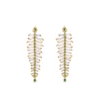 One-of-a-kind 14K yellow gold feather earrings featuring clear rock quartz, emeralds, and sparkling diamonds, designed for versatility—wear them as statement dangle earrings or transform the detachable feathers into a unique bracelet complemented by emerald stud earrings. Earrings