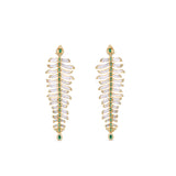 One-of-a-kind 14K yellow gold feather earrings featuring clear rock quartz, emeralds, and sparkling diamonds, designed for versatility—wear them as statement dangle earrings or transform the detachable feathers into a unique bracelet complemented by emerald stud earrings. Earrings