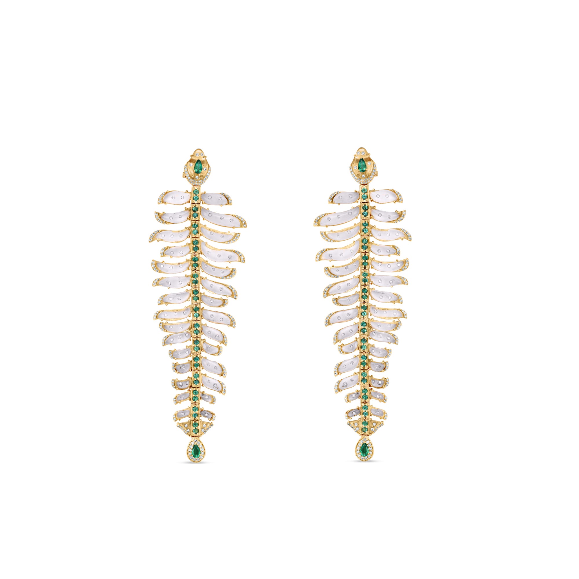One-of-a-kind 14K yellow gold feather earrings featuring clear rock quartz, emeralds, and sparkling diamonds, designed for versatility—wear them as statement dangle earrings or transform the detachable feathers into a unique bracelet complemented by emerald stud earrings. Earrings