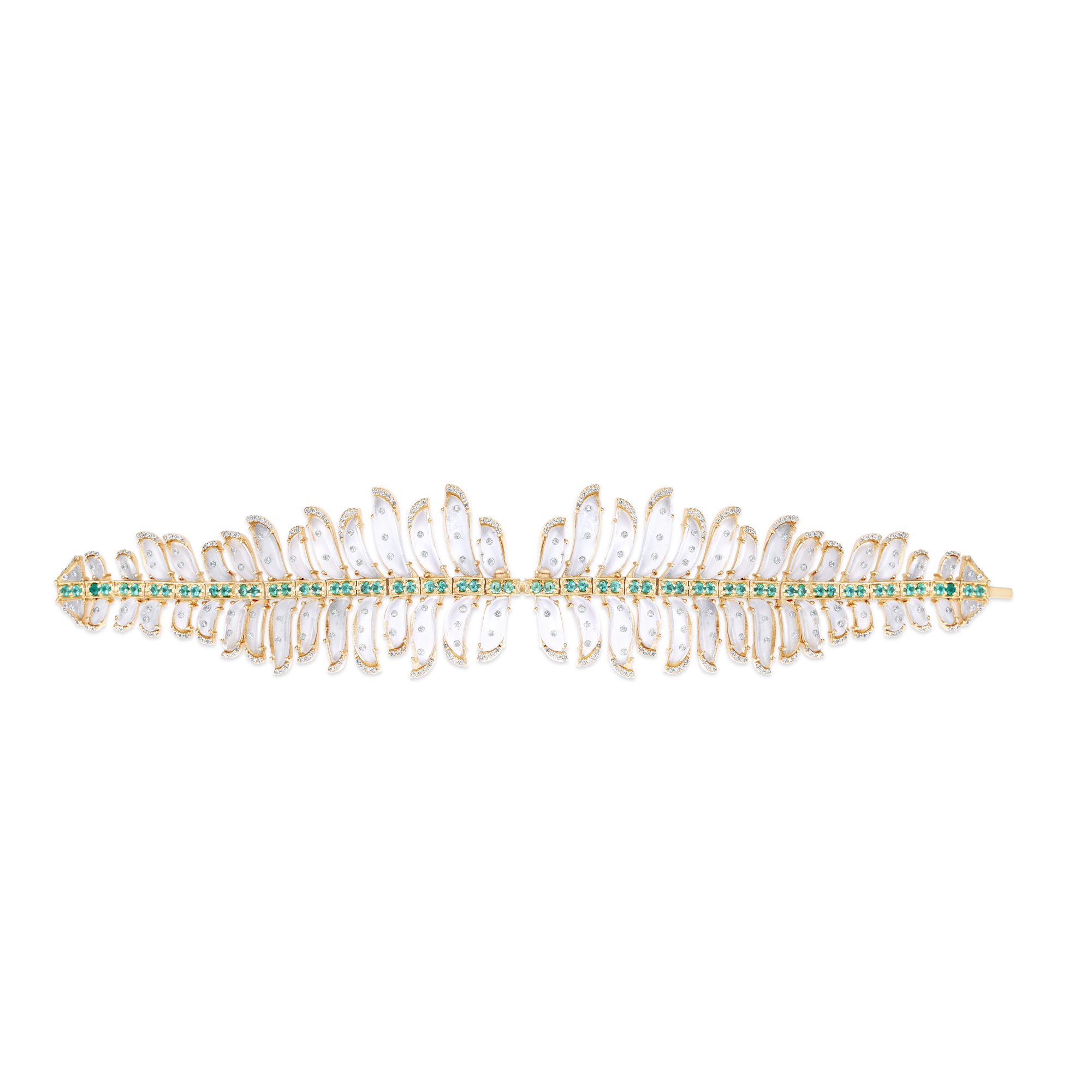 One-of-a-kind 14K yellow gold feather earrings featuring clear rock quartz, emeralds, and sparkling diamonds, designed for versatility—wear them as statement dangle earrings or transform the detachable feathers into a unique bracelet complemented by emerald stud earrings. Shown as bracelet. 
