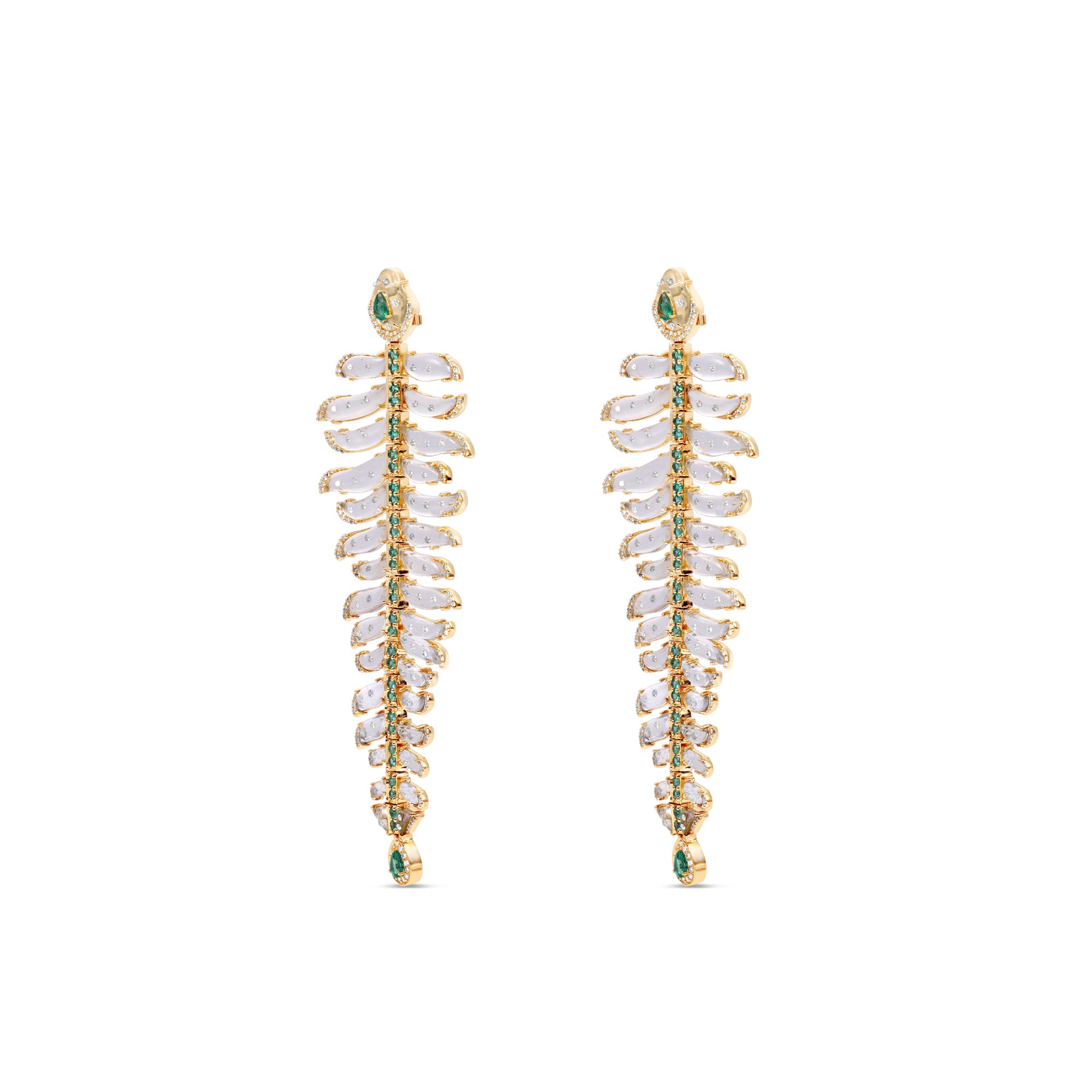 One-of-a-kind 14K yellow gold feather earrings featuring clear rock quartz, emeralds, and sparkling diamonds, designed for versatility—wear them as statement dangle earrings or transform the detachable feathers into a unique bracelet complemented by emerald stud earrings. Front close up as earrings. 