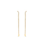 Meticulously crafted 14K yellow gold convertible earrings featuring round bezel-set diamonds in a loop design, offering versatility to be worn as classic loop earrings or sleek linear drop earrings for any occasion. Opened to drop earrings. 