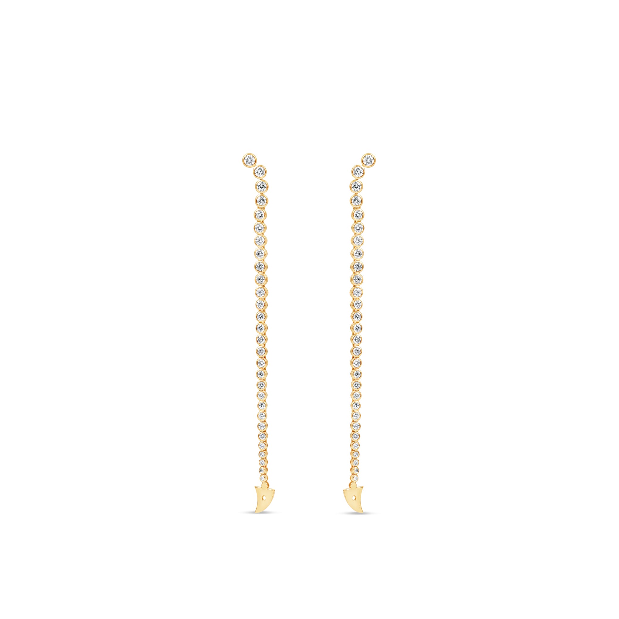 Meticulously crafted 14K yellow gold convertible earrings featuring round bezel-set diamonds in a loop design, offering versatility to be worn as classic loop earrings or sleek linear drop earrings for any occasion. Opened to drop earrings. 