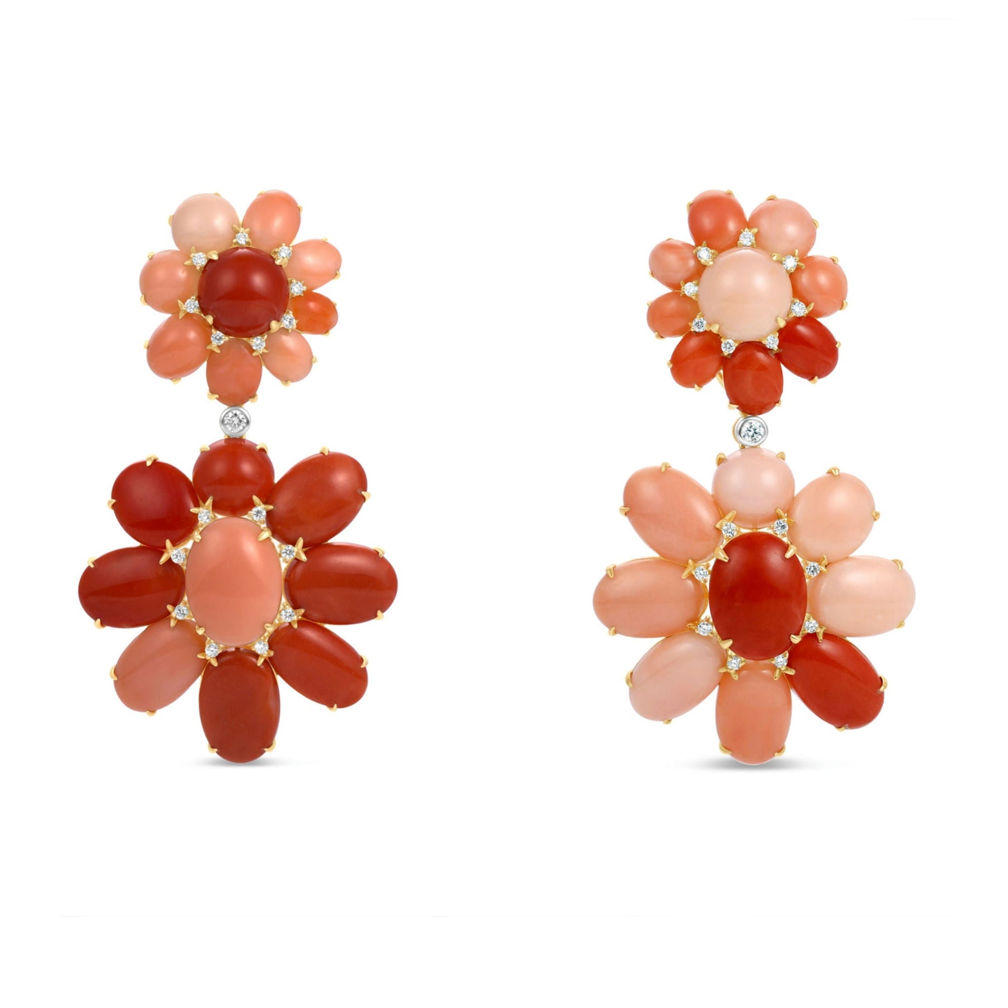 Exquisite 18K yellow gold convertible earrings featuring radiant coral and dazzling diamonds, offering two stunning looks—wear as refined studs or attach the elegant drops for a bold statement. Close up of front detail. 