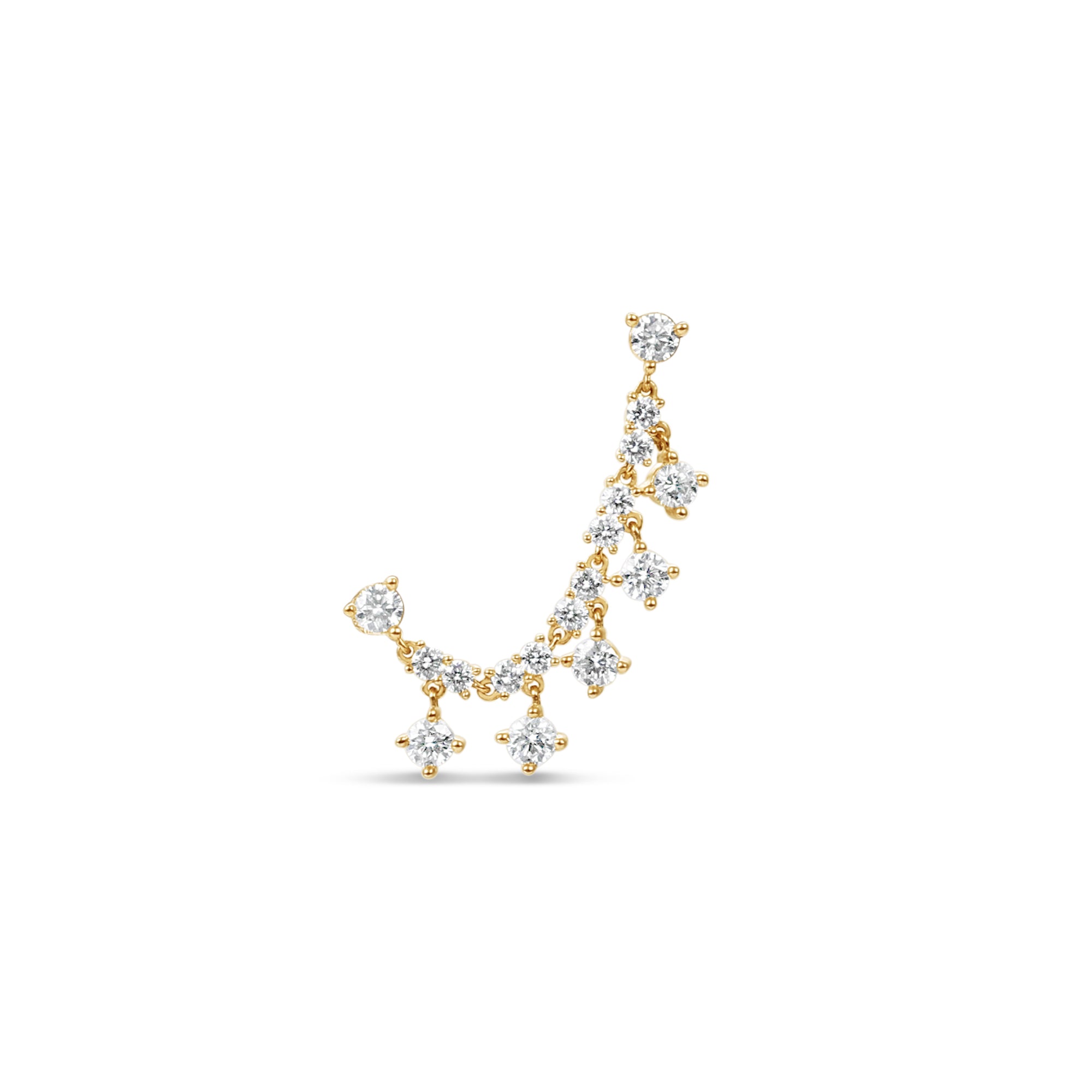 14K yellow gold double piercing drop stud earrings featuring cascading round diamonds, offering a dazzling effect with graceful movement, blending contemporary style with timeless elegance. Close up. 