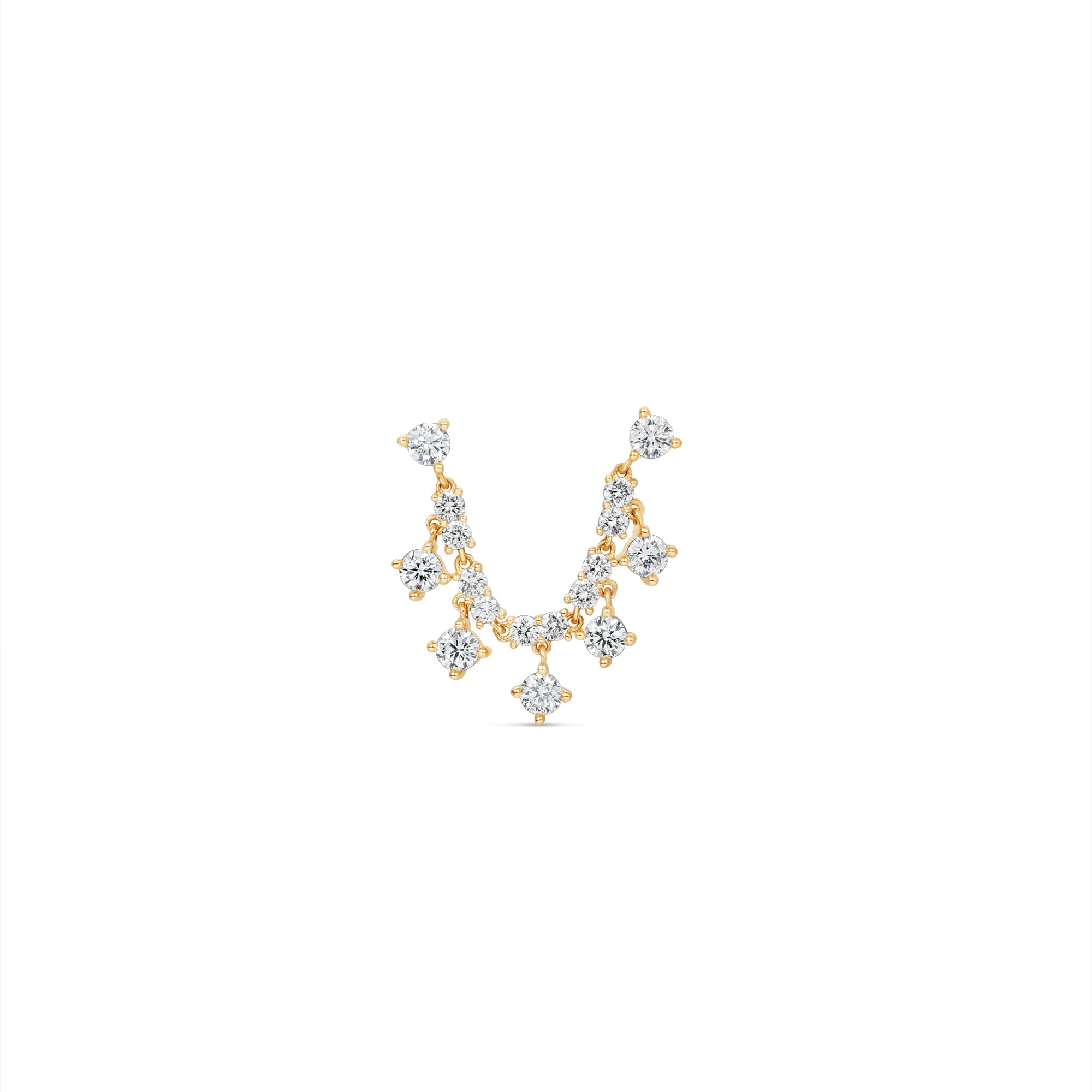 14K yellow gold double piercing drop stud earrings featuring cascading round diamonds, offering a dazzling effect with graceful movement, blending contemporary style with timeless elegance. Close up, front. 