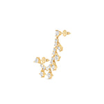 14K yellow gold double piercing drop stud earrings featuring cascading round diamonds, offering a dazzling effect with graceful movement, blending contemporary style with timeless elegance. Side view close up.