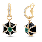 Elegant Art Deco-style hexagonal earrings featuring striking black onyx and vibrant emeralds, crafted in gold for a bold geometric statement.
