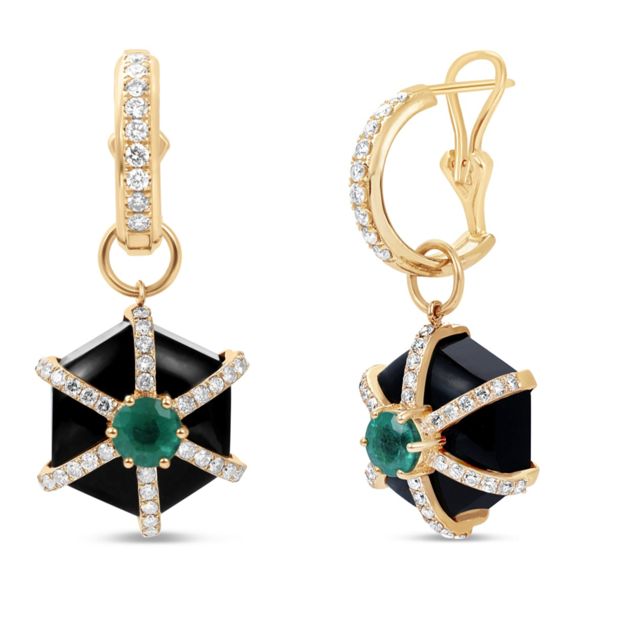 Elegant Art Deco-style hexagonal earrings featuring striking black onyx and vibrant emeralds, crafted in gold for a bold geometric statement.