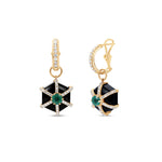 Elegant Art Deco-style hexagonal earrings featuring striking black onyx and vibrant emeralds, crafted in gold for a bold geometric statement.