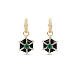 Elegant Art Deco-style hexagonal earrings featuring striking black onyx and vibrant emeralds, crafted in gold for a bold geometric statement.