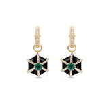 Elegant Art Deco-style hexagonal earrings featuring striking black onyx and vibrant emeralds, crafted in gold for a bold geometric statement.