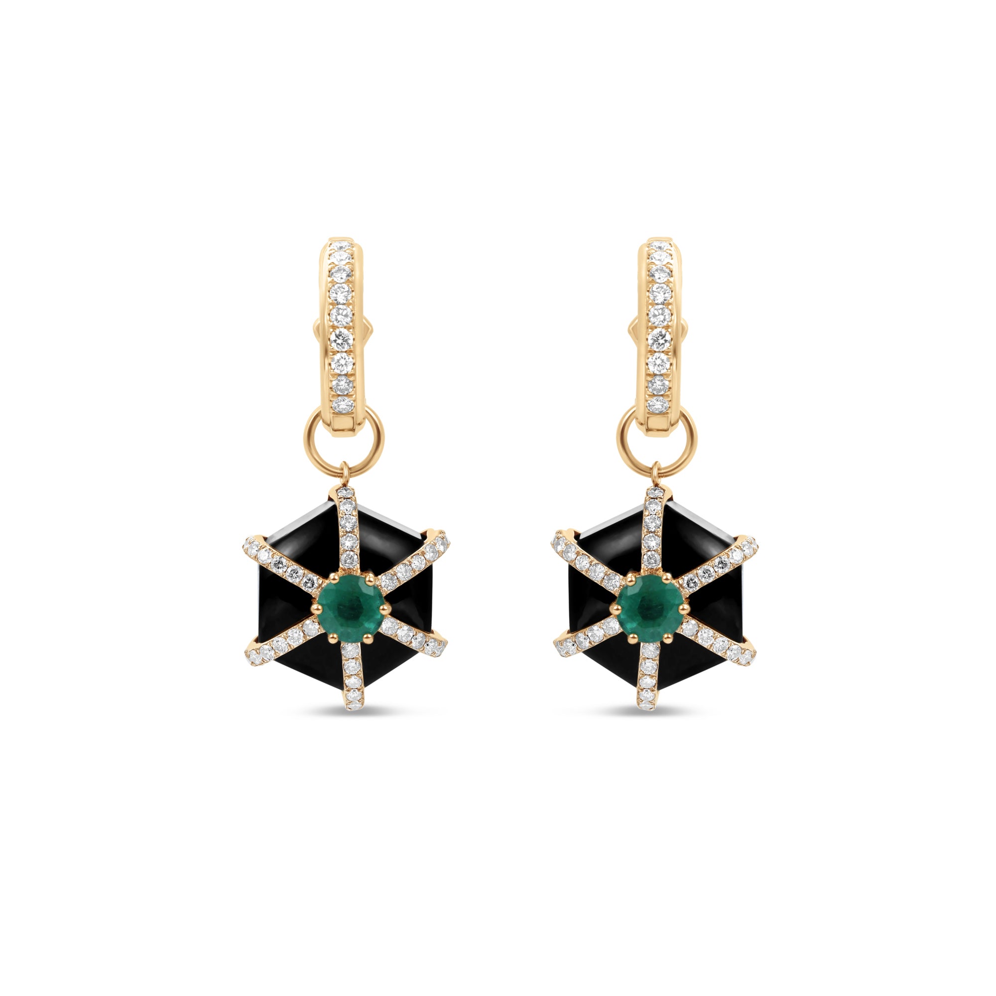 Elegant Art Deco-style hexagonal earrings featuring striking black onyx and vibrant emeralds, crafted in gold for a bold geometric statement.
