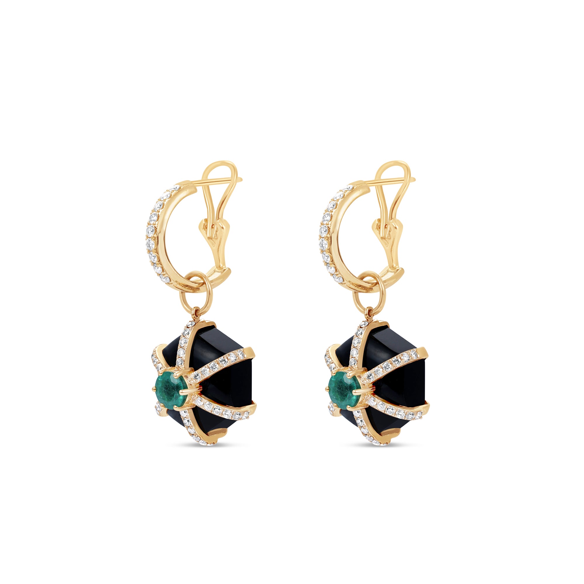 Elegant Art Deco-style hexagonal earrings featuring striking black onyx and vibrant emeralds, crafted in gold for a bold geometric statement.