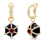 Bold Art Deco-inspired hexagonal earrings crafted in 14K yellow gold, featuring striking black onyx, a vibrant 1.0ct ruby center, and 0.53ct of sparkling diamond accents for timeless sophistication.