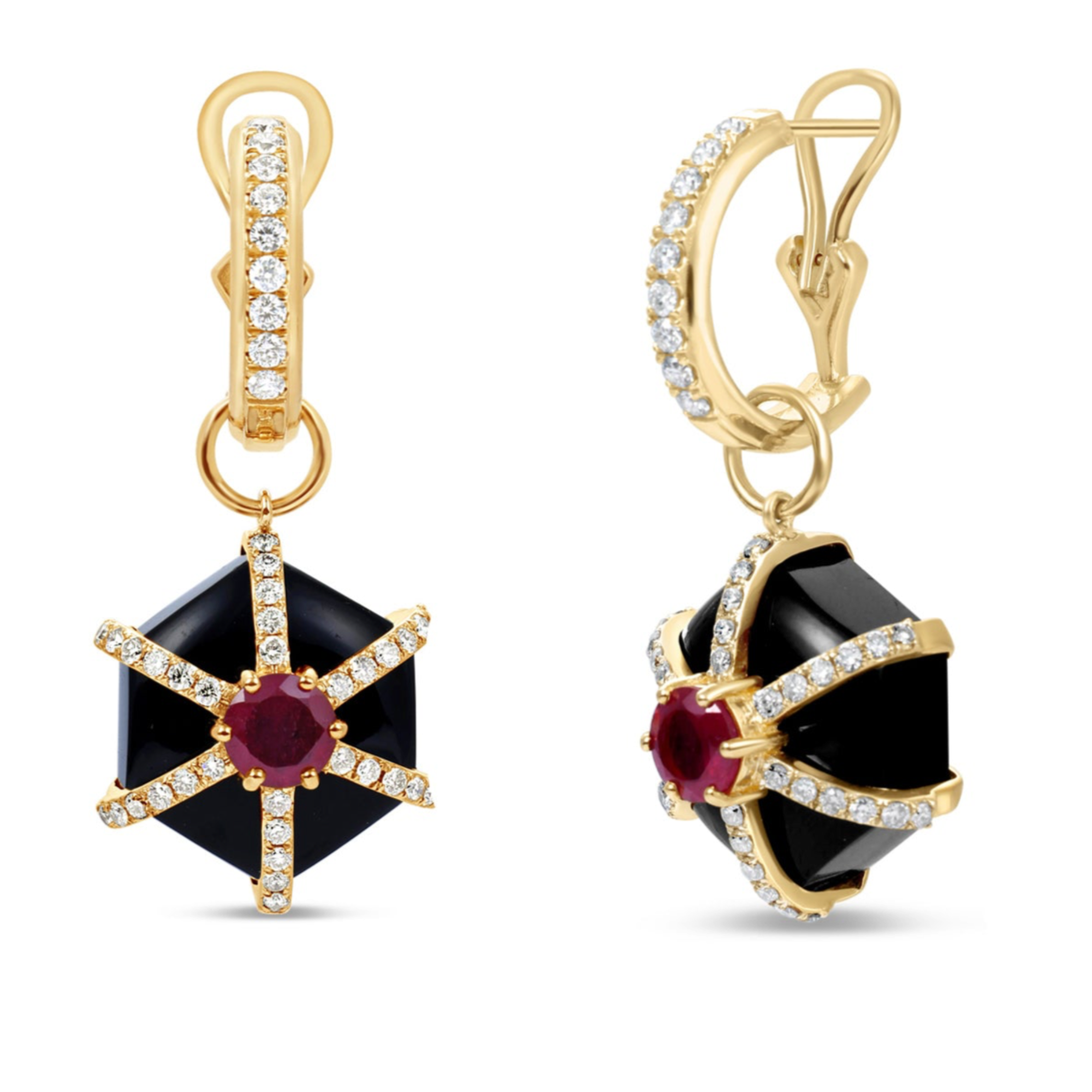 Bold Art Deco-inspired hexagonal earrings crafted in 14K yellow gold, featuring striking black onyx, a vibrant 1.0ct ruby center, and 0.53ct of sparkling diamond accents for timeless sophistication.