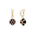 Bold Art Deco-inspired hexagonal earrings crafted in 14K yellow gold, featuring striking black onyx, a vibrant 1.0ct ruby center, and 0.53ct of sparkling diamond accents for timeless sophistication.