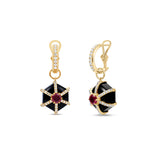 Bold Art Deco-inspired hexagonal earrings crafted in 14K yellow gold, featuring striking black onyx, a vibrant 1.0ct ruby center, and 0.53ct of sparkling diamond accents for timeless sophistication.