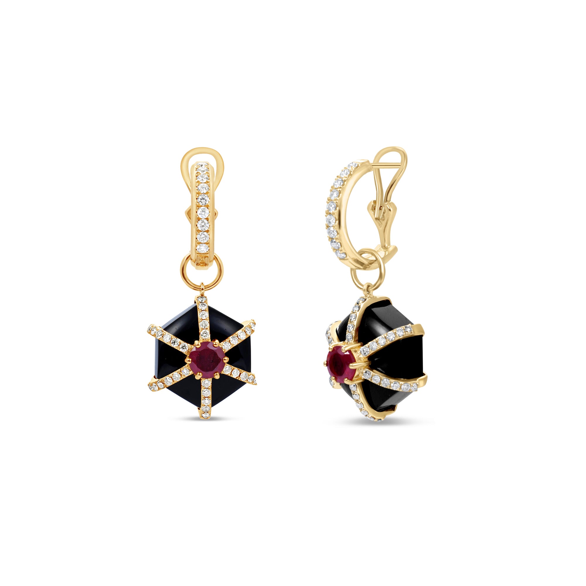 Bold Art Deco-inspired hexagonal earrings crafted in 14K yellow gold, featuring striking black onyx, a vibrant 1.0ct ruby center, and 0.53ct of sparkling diamond accents for timeless sophistication.