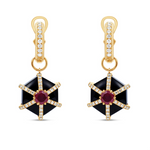 Bold Art Deco-inspired hexagonal earrings crafted in 14K yellow gold, featuring striking black onyx, a vibrant 1.0ct ruby center, and 0.53ct of sparkling diamond accents for timeless sophistication.