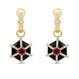 Bold Art Deco-inspired hexagonal earrings crafted in 14K yellow gold, featuring striking black onyx, a vibrant 1.0ct ruby center, and 0.53ct of sparkling diamond accents for timeless sophistication.