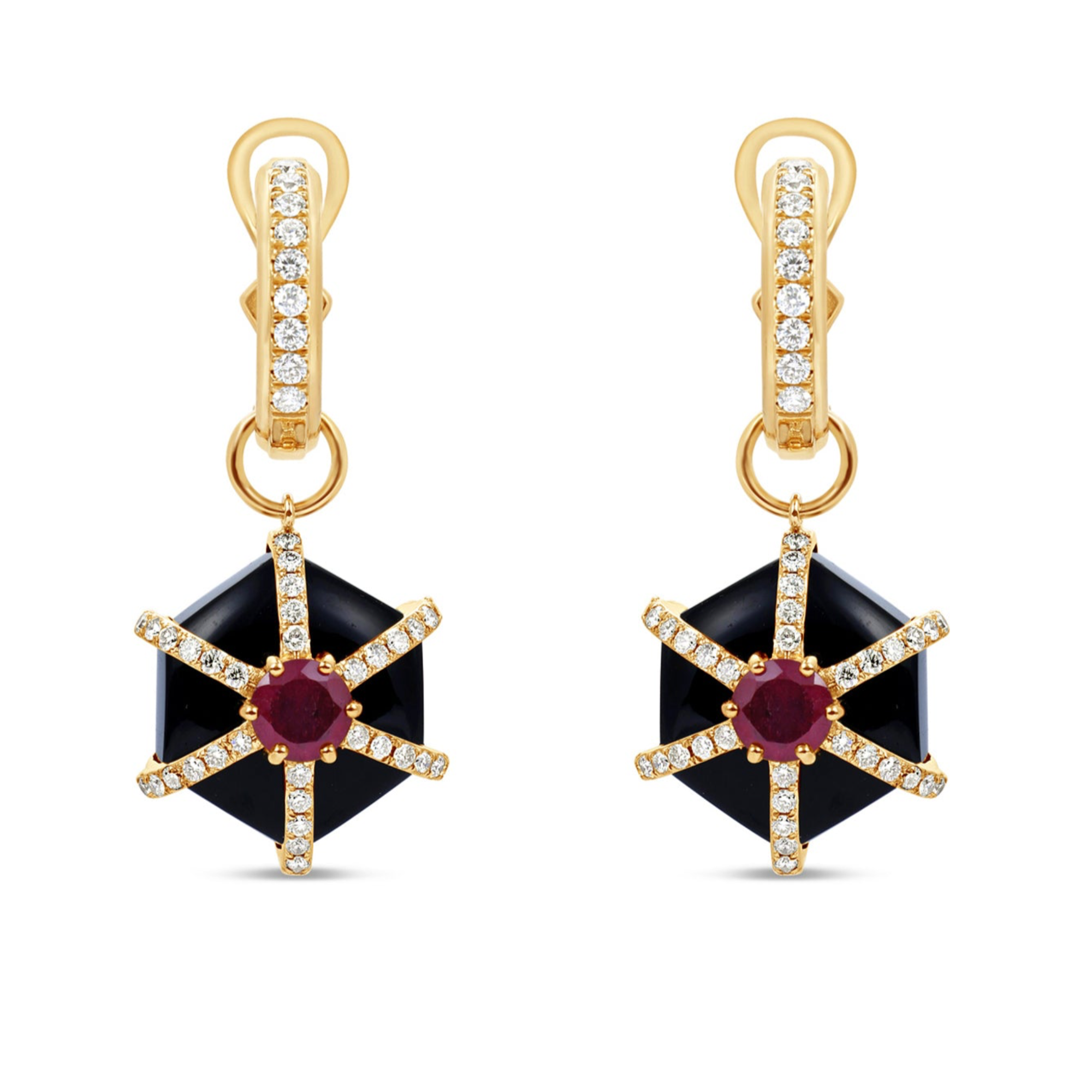 Bold Art Deco-inspired hexagonal earrings crafted in 14K yellow gold, featuring striking black onyx, a vibrant 1.0ct ruby center, and 0.53ct of sparkling diamond accents for timeless sophistication.