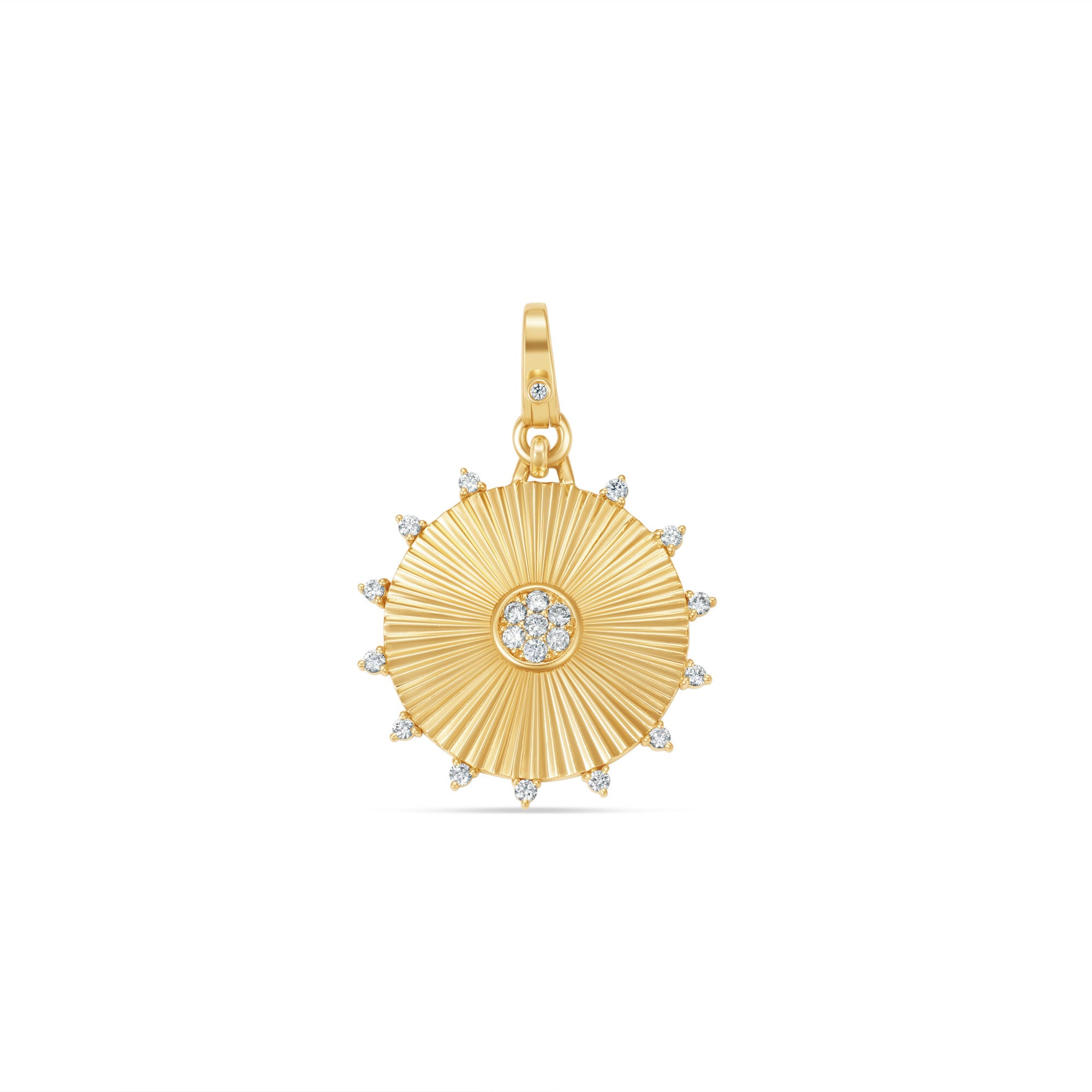 Radiant 14K gold sunburst charm adorned with sparkling diamonds, showcasing a timeless and elegant design that captures the brilliance of the sun.