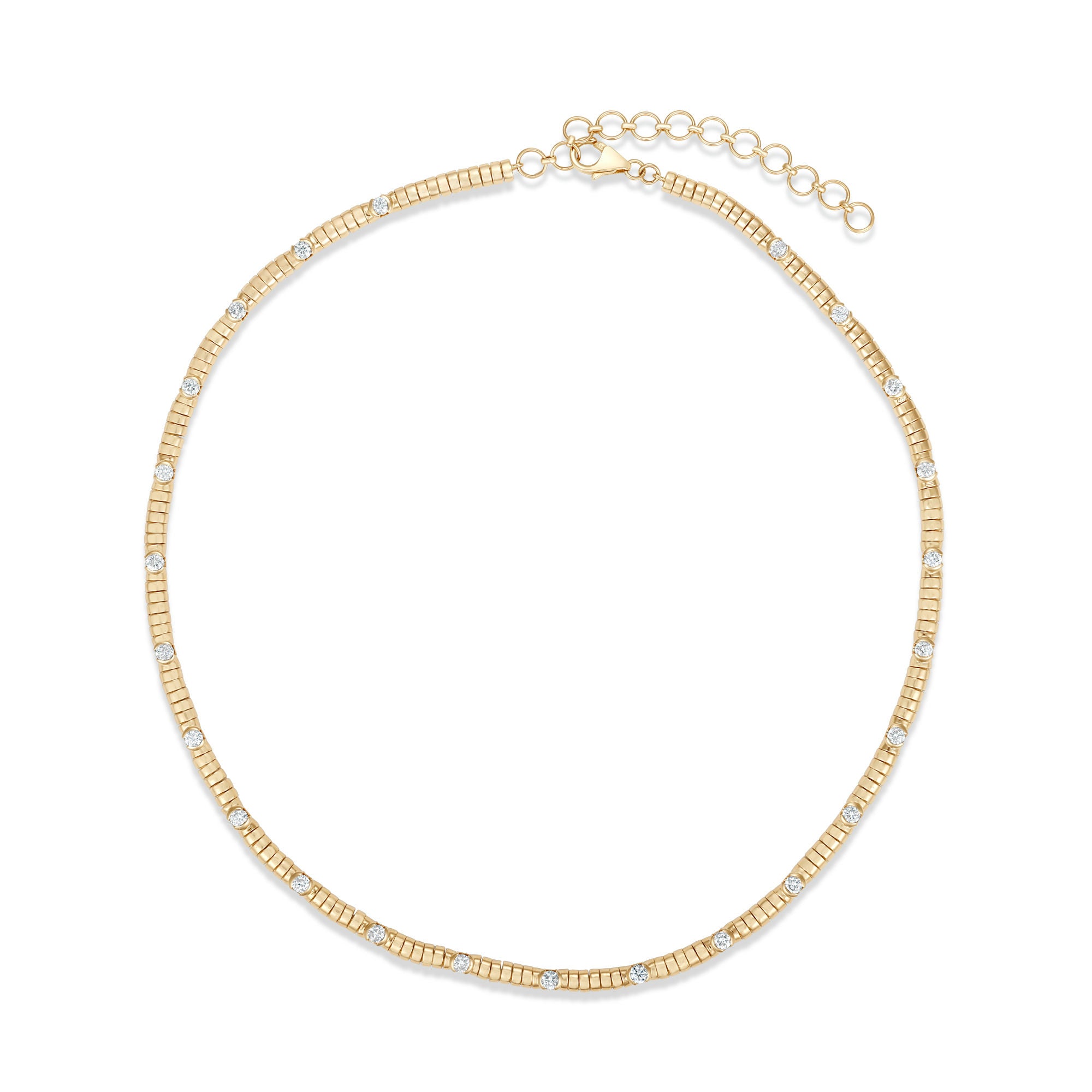 Graceful 14K yellow gold slinky necklace featuring delicately set diamond accents, offering understated luxury with a smooth, flowing design—perfect for layering or wearing alone.