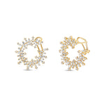 Bold and sophisticated fan-shaped earrings crafted in 14K yellow gold, featuring radiant baguette-cut diamonds in a dazzling, one-of-a-kind design perfect for her refined style. Side view and  front view.