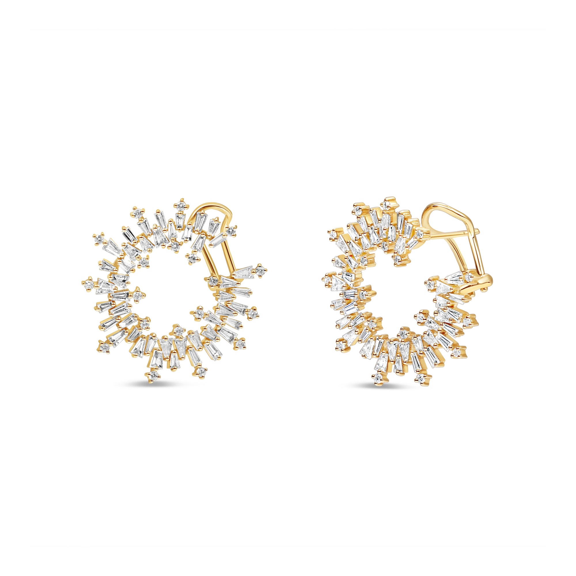 Bold and sophisticated fan-shaped earrings crafted in 14K yellow gold, featuring radiant baguette-cut diamonds in a dazzling, one-of-a-kind design perfect for her refined style. Side view and  front view.