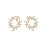 Bold and sophisticated fan-shaped earrings crafted in 14K yellow gold, featuring radiant baguette-cut diamonds in a dazzling, one-of-a-kind design perfect for her refined style. Front close up. 
