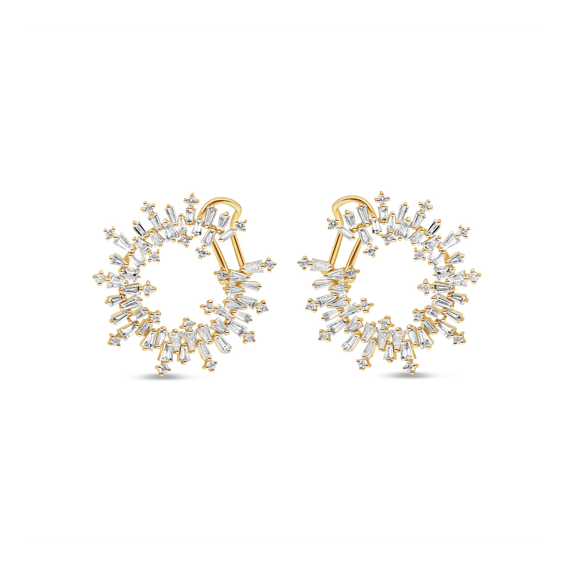 Bold and sophisticated fan-shaped earrings crafted in 14K yellow gold, featuring radiant baguette-cut diamonds in a dazzling, one-of-a-kind design perfect for her refined style. Front close up. 