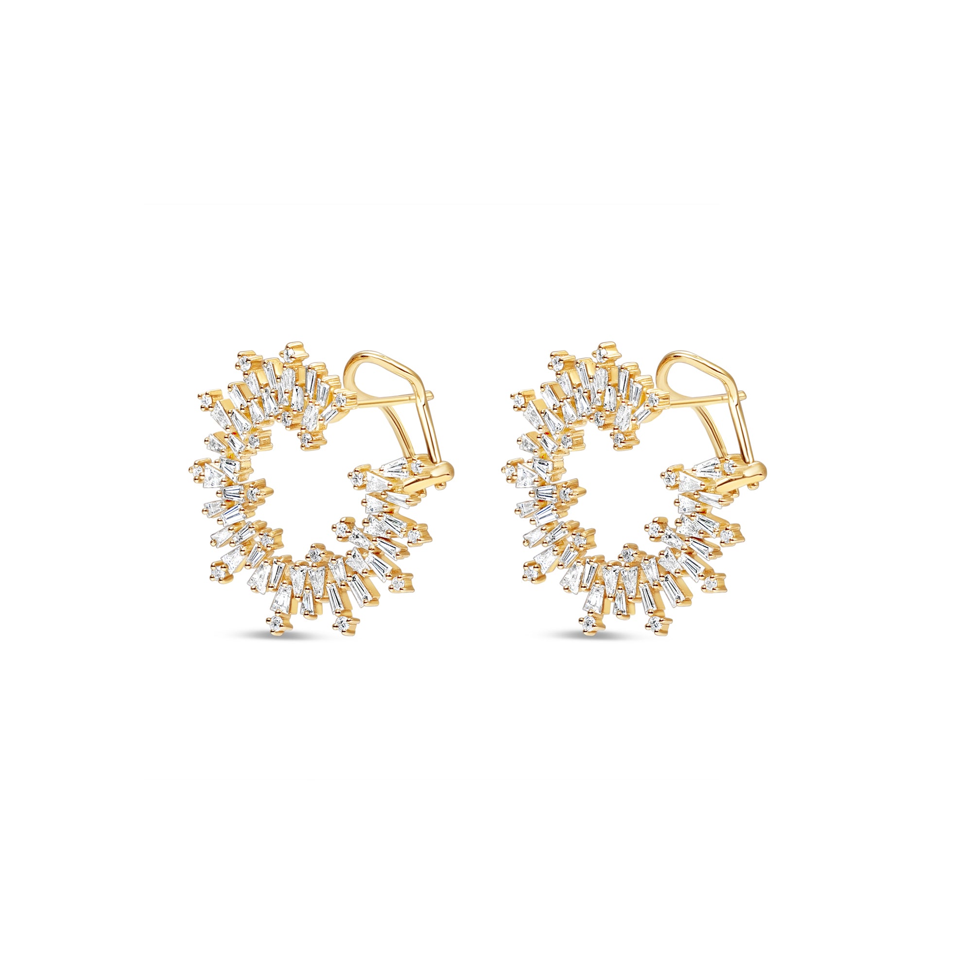 Bold and sophisticated fan-shaped earrings crafted in 14K yellow gold, featuring radiant baguette-cut diamonds in a dazzling, one-of-a-kind design perfect for her refined style. Side angle 