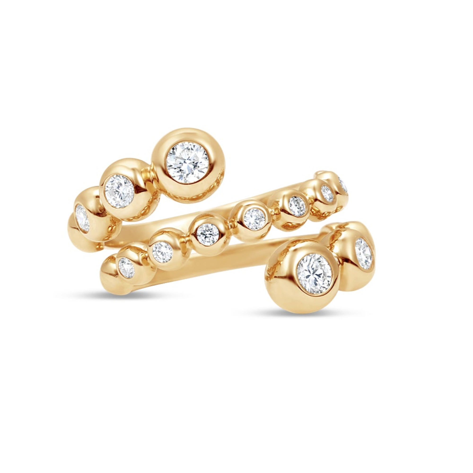 Stunning 14K yellow gold wrap ring featuring delicate bezel-set diamond bubbles, enhancing brilliance and creating a versatile, elegant accent for any occasion. Close up. 