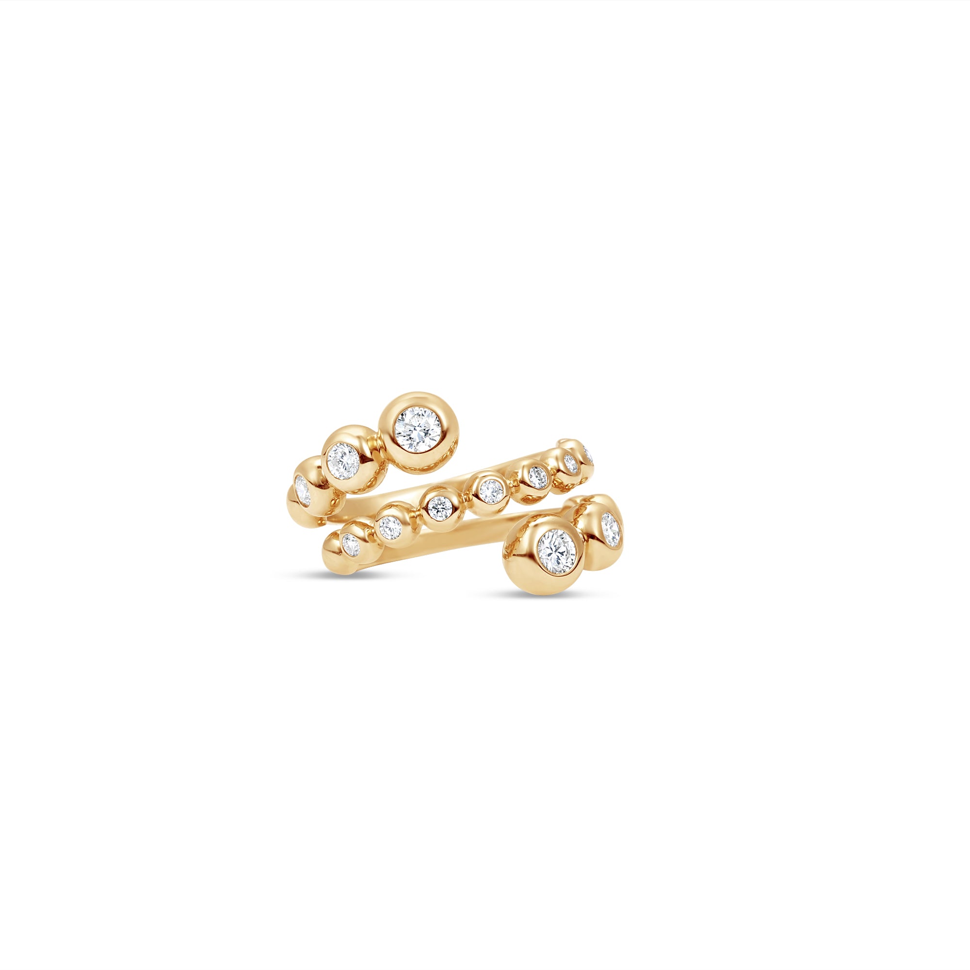 Stunning 14K yellow gold wrap ring featuring delicate bezel-set diamond bubbles, enhancing brilliance and creating a versatile, elegant accent for any occasion. Close up front view. 