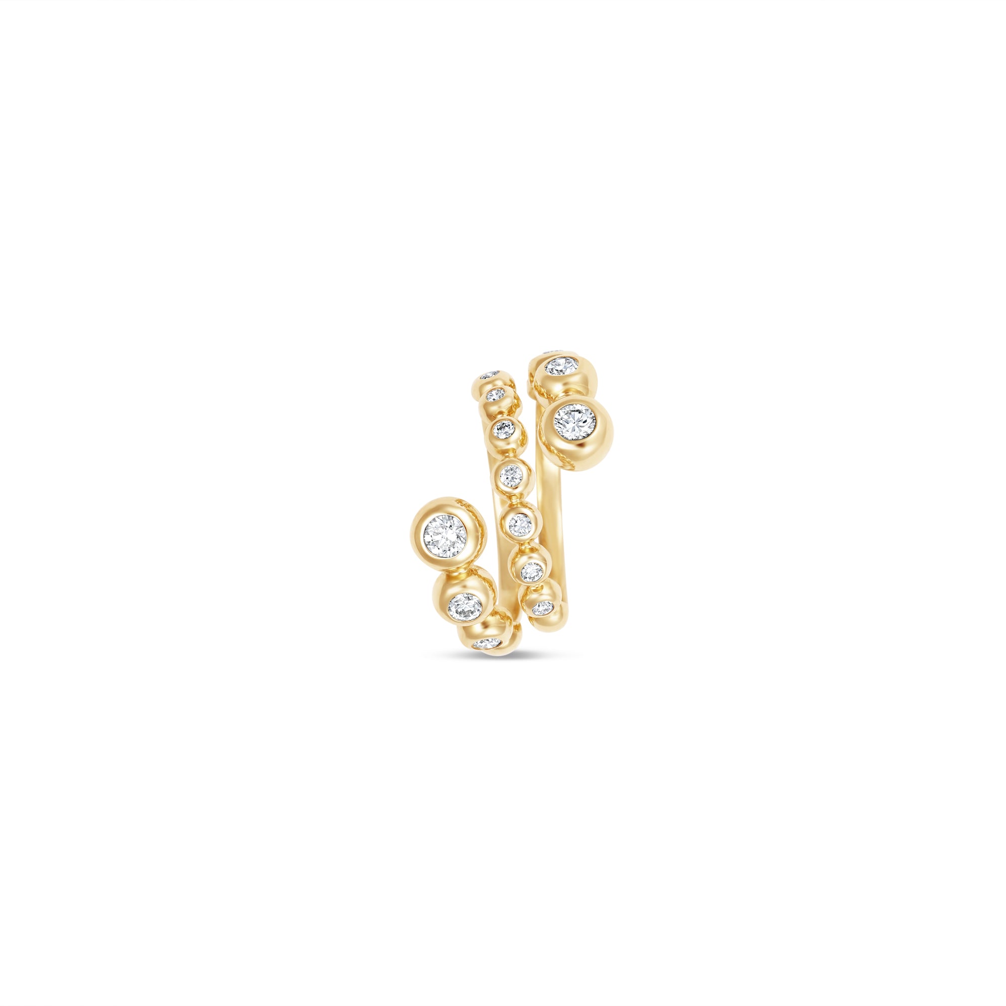 Stunning 14K yellow gold wrap ring featuring delicate bezel-set diamond bubbles, enhancing brilliance and creating a versatile, elegant accent for any occasion. On its side. 