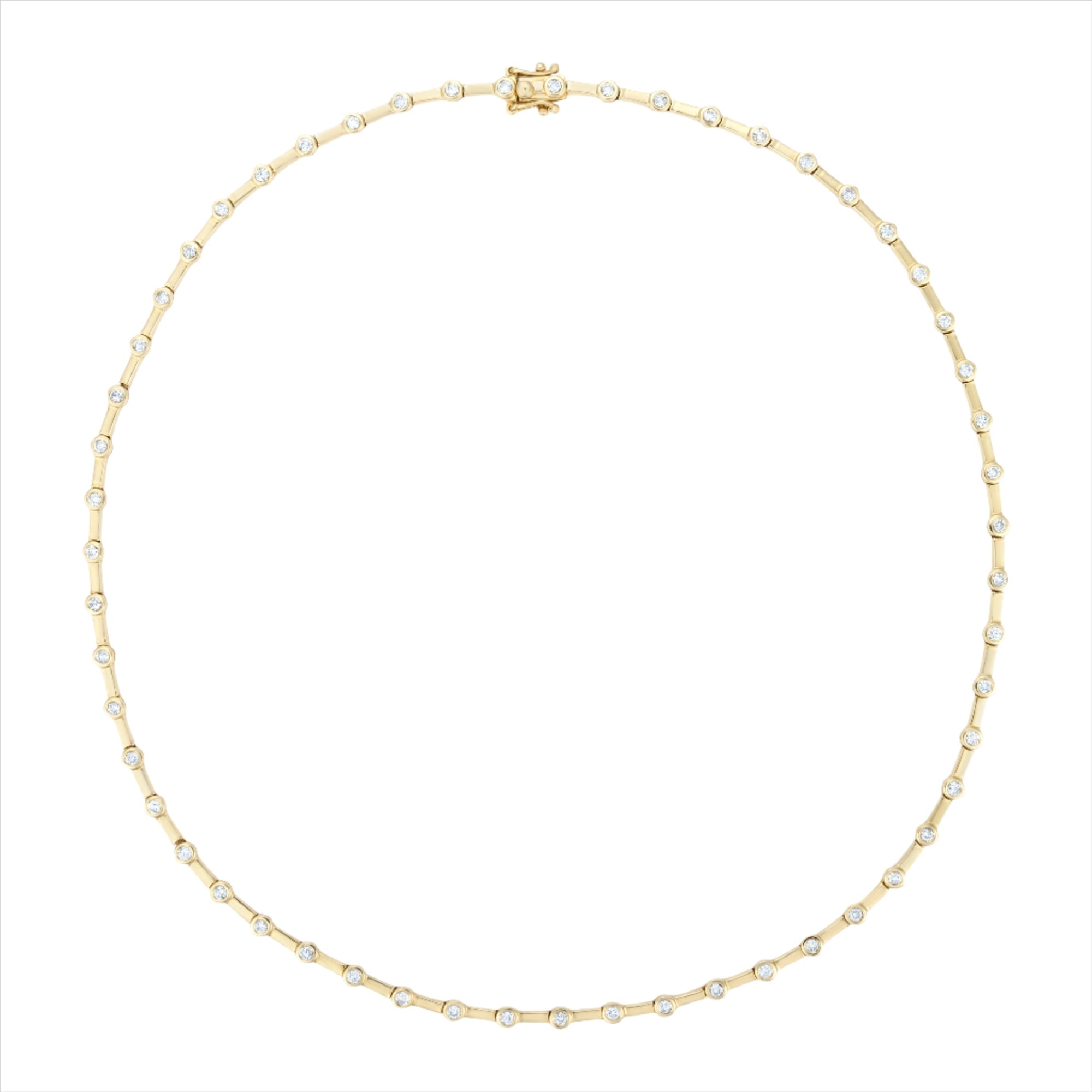 14K yellow gold constellation-inspired necklace featuring 2ct of bezel-set diamonds along a sleek gold bar design, measuring 44cm in length and weighing 14.06g—a celestial statement piece.
