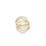 Stunning cosmic swirl ring crafted in 14K yellow gold, featuring graduated and tapered diamonds set in interlocking loops, combining luxury, craftsmanship, and timeless sophistication. Front of ring. 