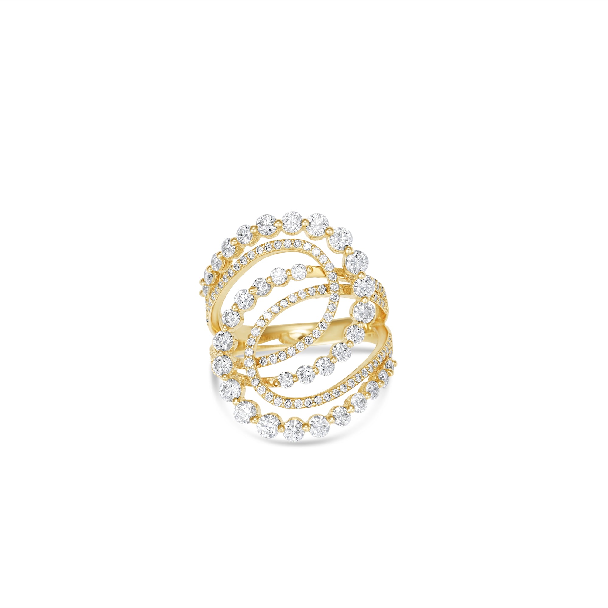 Stunning cosmic swirl ring crafted in 14K yellow gold, featuring graduated and tapered diamonds set in interlocking loops, combining luxury, craftsmanship, and timeless sophistication. Front of ring. 