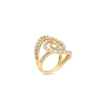 Stunning cosmic swirl ring crafted in 14K yellow gold, featuring graduated and tapered diamonds set in interlocking loops, combining luxury, craftsmanship, and timeless sophistication. Side angle and peak of underside. 
