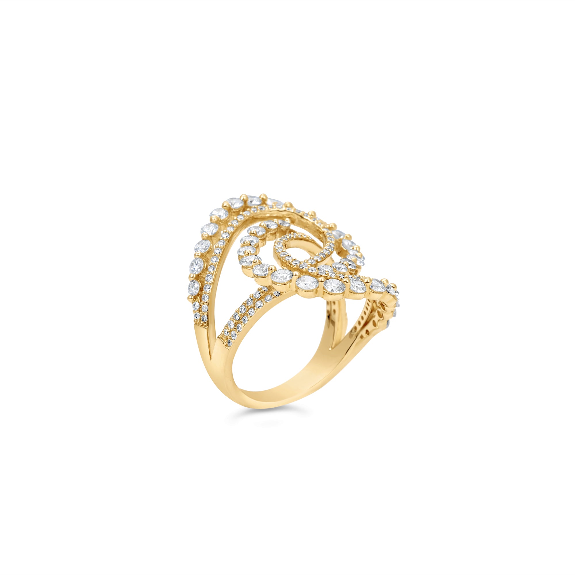 Stunning cosmic swirl ring crafted in 14K yellow gold, featuring graduated and tapered diamonds set in interlocking loops, combining luxury, craftsmanship, and timeless sophistication. Side angle and peak of underside. 