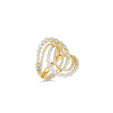 Stunning cosmic swirl ring crafted in 14K yellow gold, featuring graduated and tapered diamonds set in interlocking loops, combining luxury, craftsmanship, and timeless sophistication. Front view close cup of ring. 