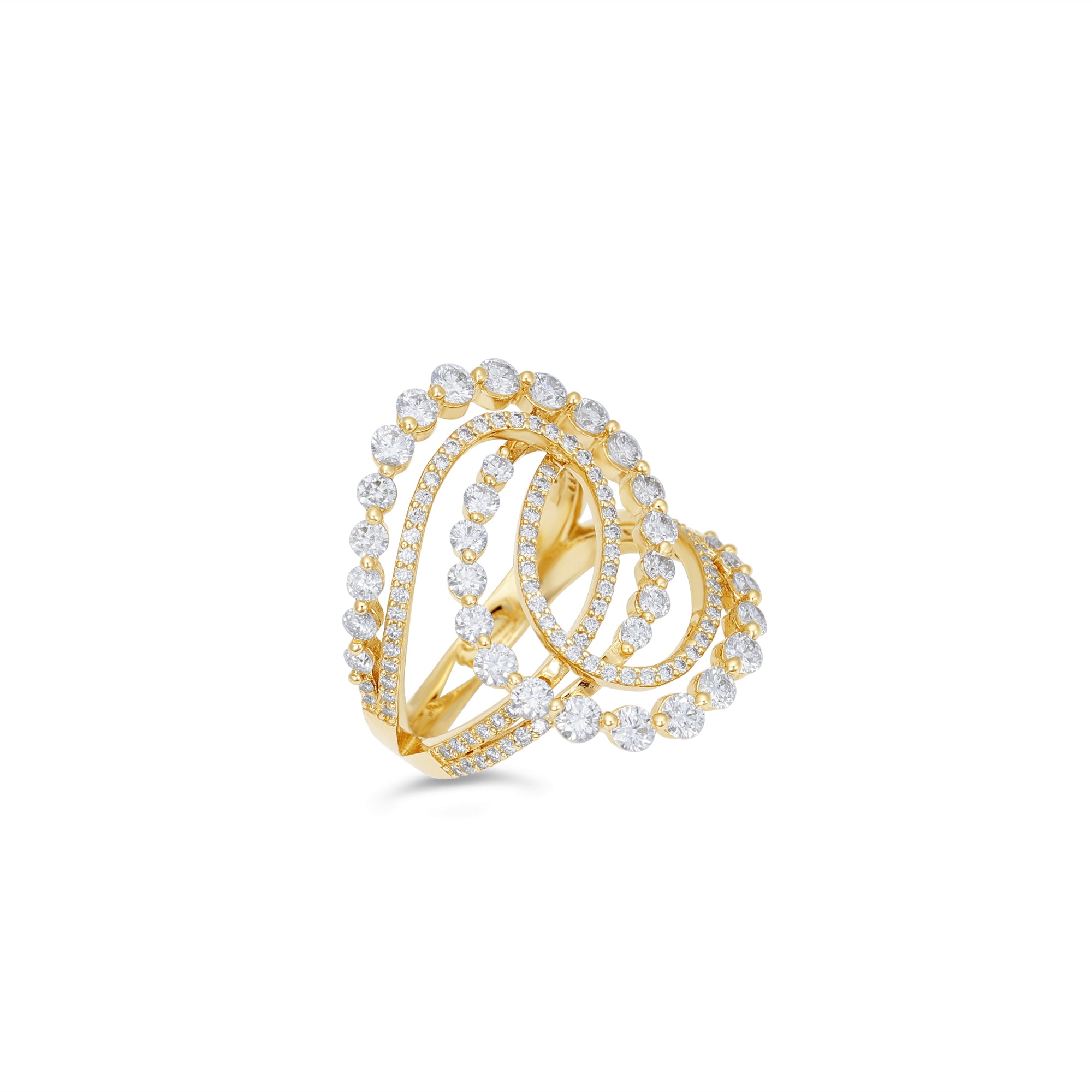 Stunning cosmic swirl ring crafted in 14K yellow gold, featuring graduated and tapered diamonds set in interlocking loops, combining luxury, craftsmanship, and timeless sophistication. Front view close cup of ring. 