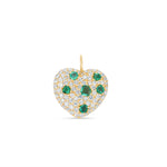 Lustrous 14K yellow gold heart charm featuring vivid emeralds set amid dazzling diamonds, radiating elegance and timeless beauty for a meaningful addition to any collection. Front close up.