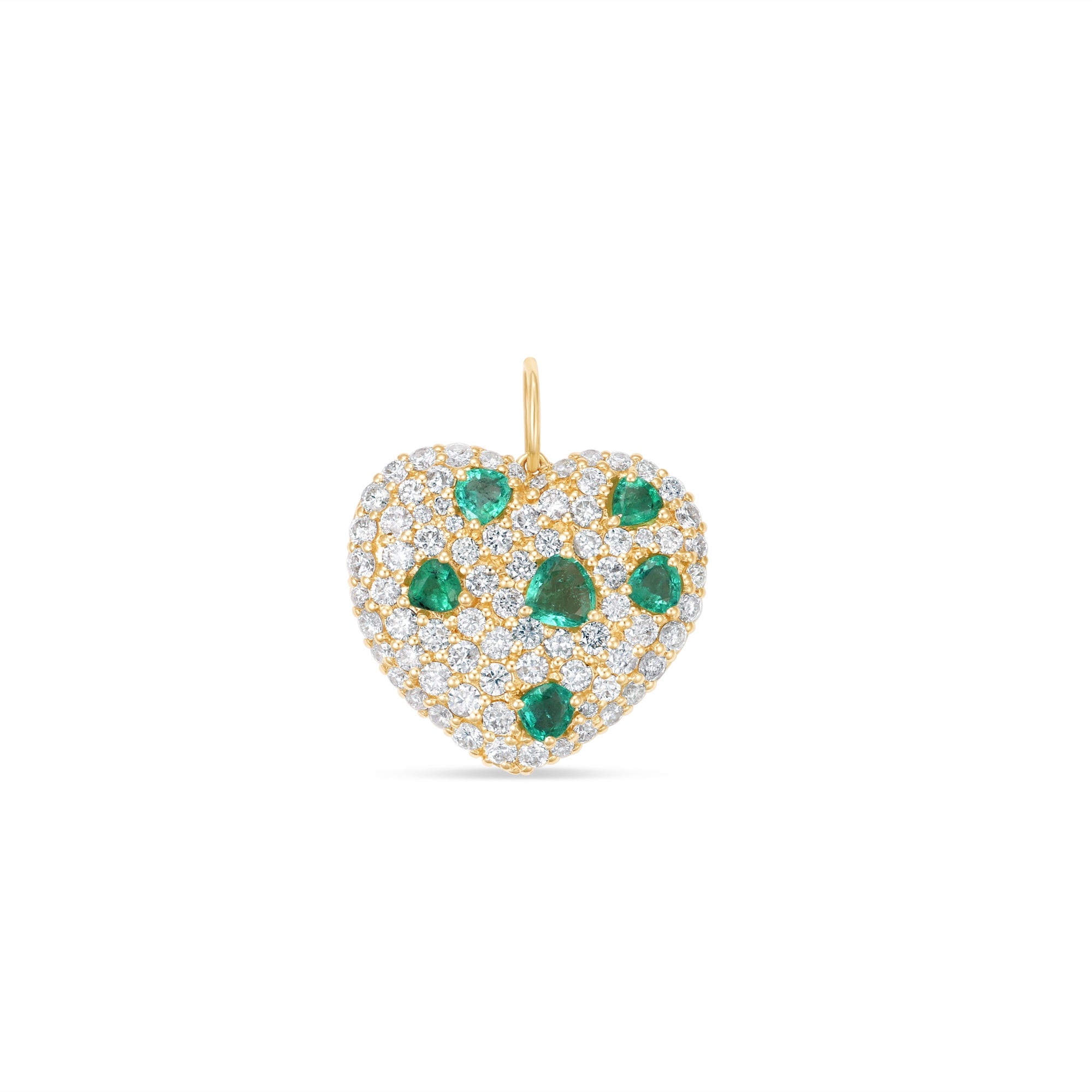 Lustrous 14K yellow gold heart charm featuring vivid emeralds set amid dazzling diamonds, radiating elegance and timeless beauty for a meaningful addition to any collection. Front close up.